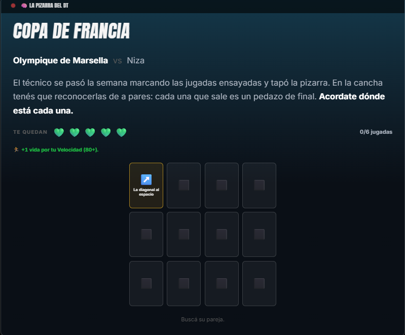 La Pizarra del DT: minijuego de memoria por parejas en copa doméstica
