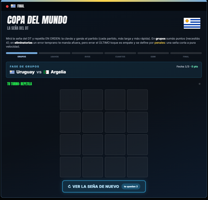 La Seña del DT: repetir en orden las casillas que se iluminan, Copa del Mundo